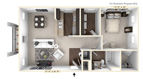 Floor plan for 1 bed, 1 bath, 756 sqft